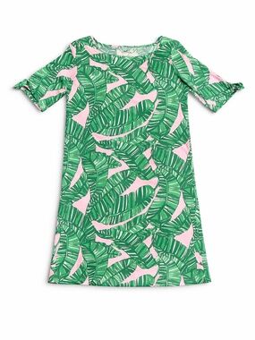 Lilly Pulitzer Girls Palm Print Dress Green Pink Tropical Cotton Size L 8-10